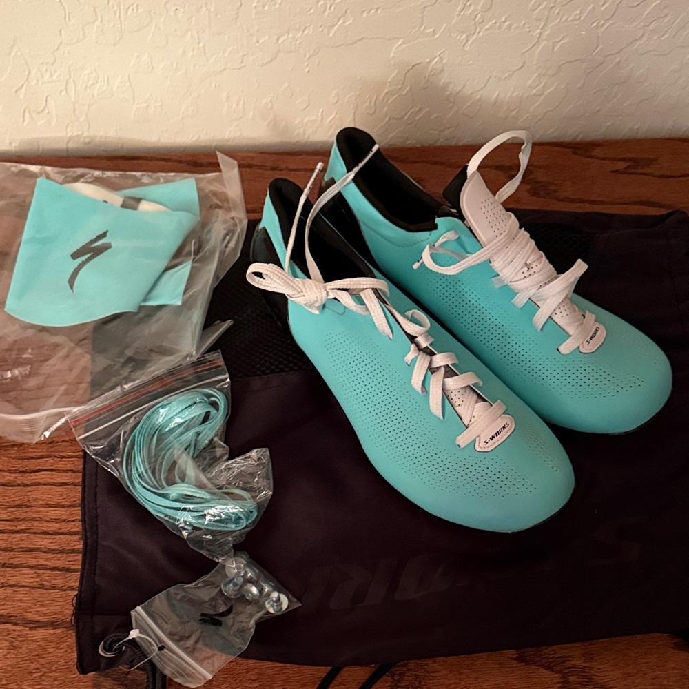 Turquoise S Works Cycling Shoes with Accessories